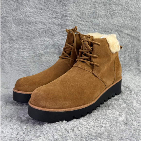 Eileen Fisher Kenille Sport Suede Boots Lace Up Fleece Syrup Brown Women's 8.5 - Picture 1 of 9